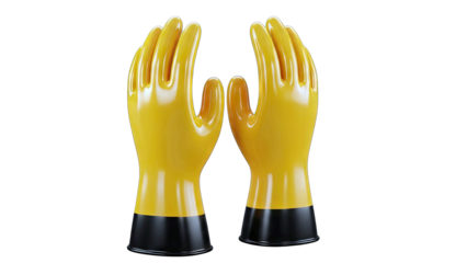 Pair of yellow rubber gloves with black cuffs displayed in a gesture of offering or presentation on a transparent background