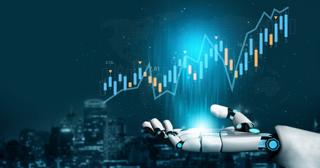 A robotic hand showcases a vibrant digital graph with financial data trends over a city skyline, blending technology with urban innovation in a night setting. Gantry