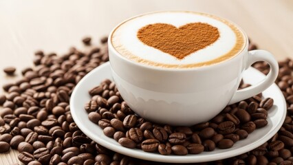 Heart-Shaped Cappuccino Art in White Cup Surrounded by Coffee Beans &ndash; Cozy Morning Vibes, Latte Love, Barista Style, Caf&eacute; Inspiration