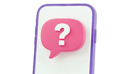 Pink 3D Speech Bubble With White Question Mark Floating Above White Smartphone Screen Isolated On Transparent Background Minimalist Icon For Communication And Support Services