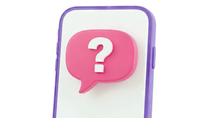 Pink 3D Speech Bubble With White Question Mark Floating Above White Smartphone Screen Isolated On Transparent Background Minimalist Icon For Communication And Support Services