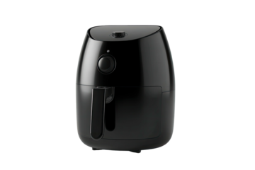 Sleek black air fryer appliance on a dark background