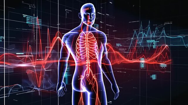 Human anatomy visualization with digital heartbeat analysis, showcasing health metrics and technology