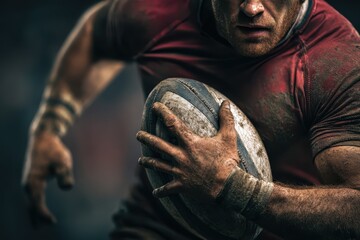 Closeup portrait of a determined rugby player gripping the ball during an intense match in a gritty stadium environment at dusk