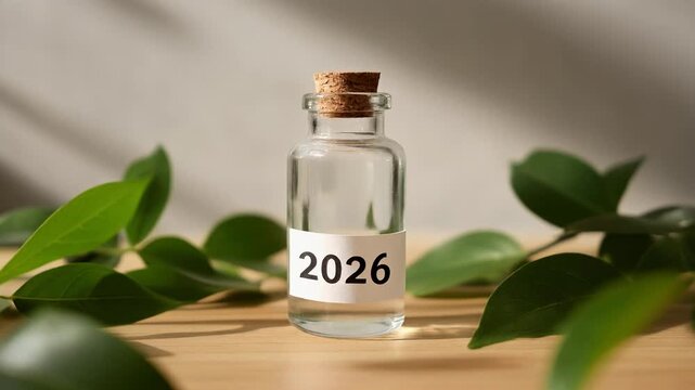 Glass bottle with cork stopper containing clear liquid and labeled 2026, surrounded by lush green leaves, symbolizing future, new beginnings, and growth