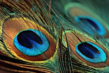 Closeup of a vibrant peacock feather showcasing intricate patterns and colors from the beautiful plumage of peafowl found in natural habitats during daylight hours