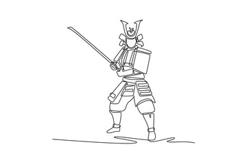 Obraz premium Single continuous line drawing strong samurai warrior in full traditional armor helmet, standing firm in ready stance with katana for immediate strike. One line draw graphic design vector illustration