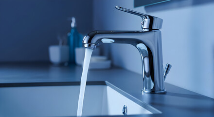 Modern chrome faucet with running water in a minimalist bathroom setting