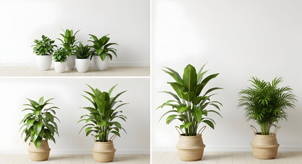 Stylish Indoor Plants in Various Pots Against a White Wall
