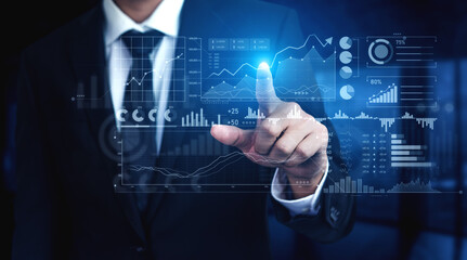 A businessman engages with a virtual data interface featuring financial graphs and analytics in a modern office, showcasing the blend of technology and business innovation. Scalp