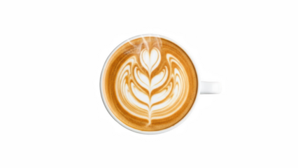 A cappuccino in a white ceramic cup with perfect latte art (heart or rosetta), steam rising, isolated on a white background with a soft shadow.