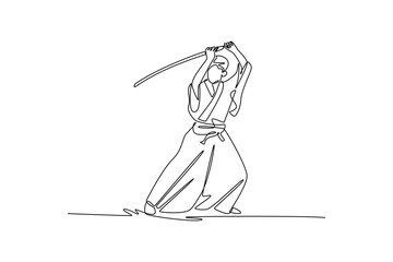 Single one line drawing samurai warrior holding sharp katana above head, poised for powerful downward cut or strike. Focus, power, discipline. Continuous line draw design graphic vector illustration