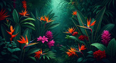 Vibrant Tropical Paradise: A Lush Jungle of Exotic Flowers
