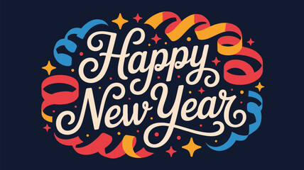 Festive Happy New Year typography design with colorful ribbons, sparkles and elegant script lettering on dark background, perfect for holiday cards and celebration graphics © muhammad