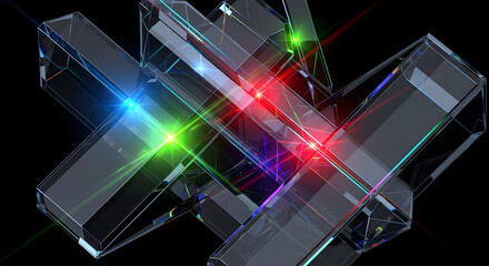 Intersecting Crystal Prisms with Vibrant Light Streaks on Black Background