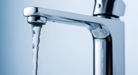 Flowing Water from a Shiny Chrome Faucet Against a Blue Background