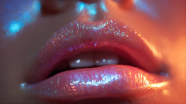 imagine Sephora lipstick close-up glowing like a futuristic neon artifact, surreal reflections, iridescent neon glow (pink, orange, blue), cinematic macro shot with shallow depth of field, futuristic 