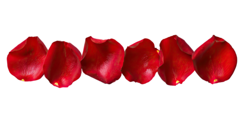 Six glossy, red rose petals in a row, against black