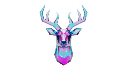 A geometric, low-polygon reindeer head made of translucent, frosted glass-like material in cyan and magenta, floating on transparent, with refractive light effects.