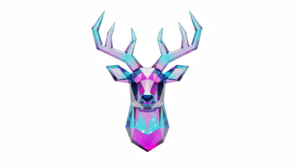 A geometric, low-polygon reindeer head made of translucent, frosted glass-like material in cyan and magenta, floating on transparent, with refractive light effects.