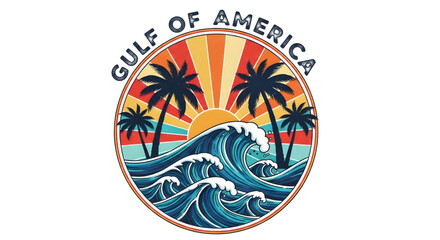 Obraz premium Vibrant circular logo of a tropical sunset with palm trees and waves on a white background