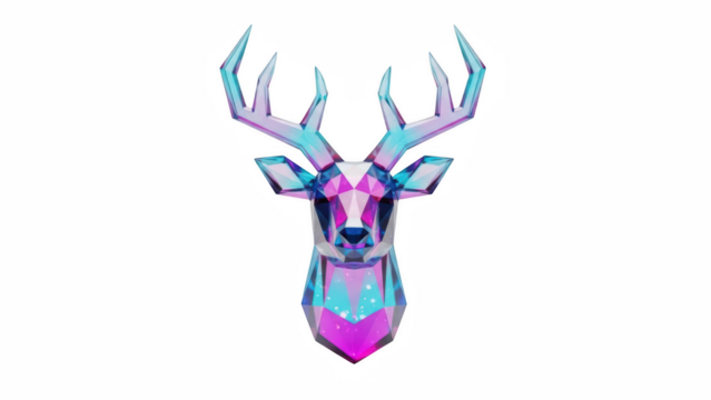 A geometric, low-polygon reindeer head made of translucent, frosted glass-like material in cyan and magenta, floating on transparent, with refractive light effects. - Powered by Adobe