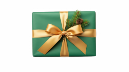 A beautifully wrapped gift box with matte emerald green paper, a wide satin gold ribbon in a perfect bow, and a sprig of pine tucked under the knot, floating on a transparent background.