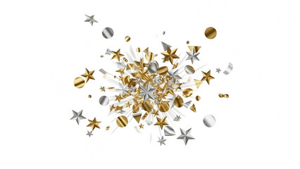 A burst of gold and silver metallic confetti (stars, circles, triangles) frozen in mid-air, with motion trails, isolated on transparent background.