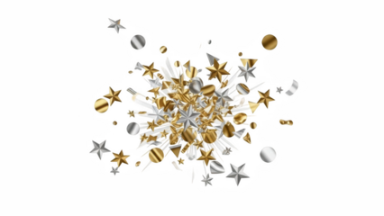 A burst of gold and silver metallic confetti (stars, circles, triangles) frozen in mid-air, with motion trails, isolated on transparent background.