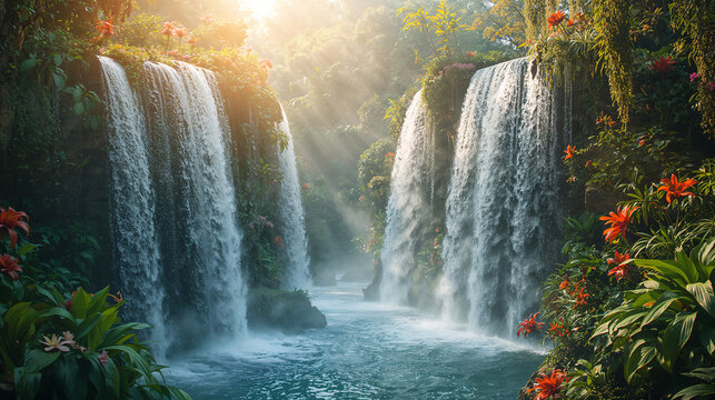 Golden sunset waterfall shimmering among lush tropical flowers and vibrant plants in the jungle nature landscape background aesthetic wallpaper