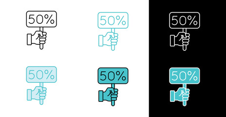Hand holding fifty percent sign icon for sale and discount promotion in line and fill style