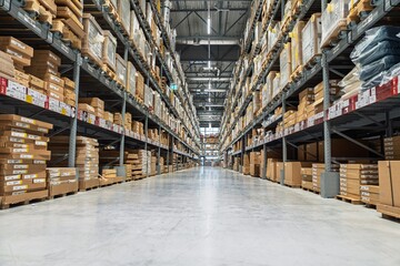 A large warehouse interior features neatly organized shelves stocked with goods, emphasizing efficient logistics, distribution, and inventory management for supply chain operations.