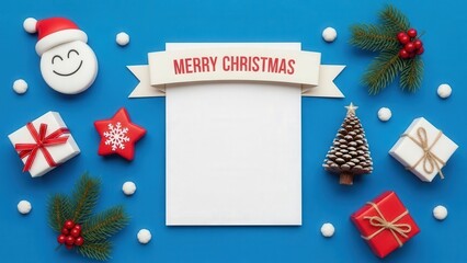 Blue background with "Merry Christmas" banner and white copy space , snowflake, gifts, and berries, ideal for personalized greetings. Generative AI