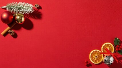 Red surface with orange slices, cinnamon sticks, and ornaments o the corners, evoking aromatic holiday scents. Copy Space. Generative AI