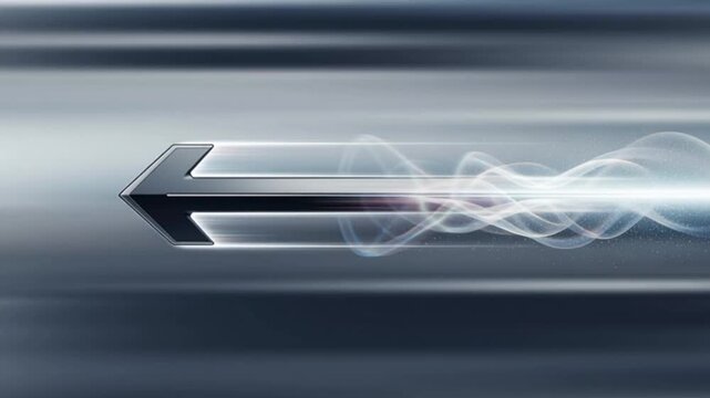 A sleek, futuristic 3D metallic arrow pointing to the left, featuring a polished silver finish and glowing blue motion trails set against a dark grey gradient background, symbolizing speed and high-te