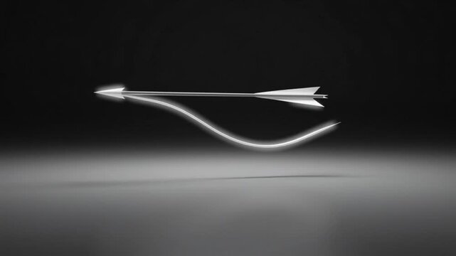A sleek, futuristic 3D metallic arrow pointing to the left, featuring a polished silver finish and glowing blue motion trails set against a dark grey gradient background, symbolizing speed and high-te