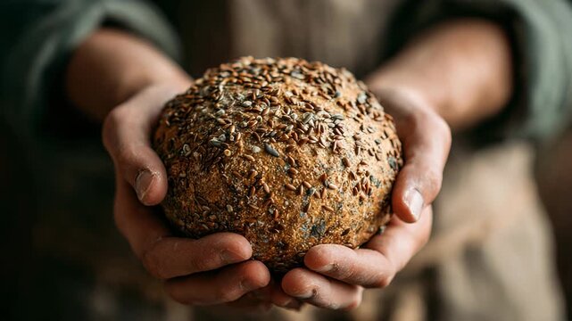 Hands holding rustic bread with seeds