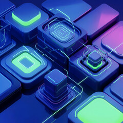 Abstract 3D Technology Background with Glowing Neon Blue Squares and Circuit Lines