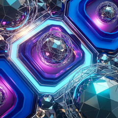 Abstract Futuristic 3D Geometric Background with Metallic Spheres and Neon Blue Purple Lighting