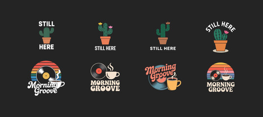 Retro Morning Coffee and Cactus Designs with Vintage Vinyl Records vector illustration