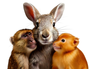 Golden monkey sitting beside silver rabbit isolated on transparent background