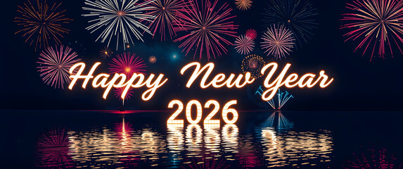 Happy New Year background image displaying glowing 2026 script above waterfront with vibrant fireworks reflecting across shimmering night.
