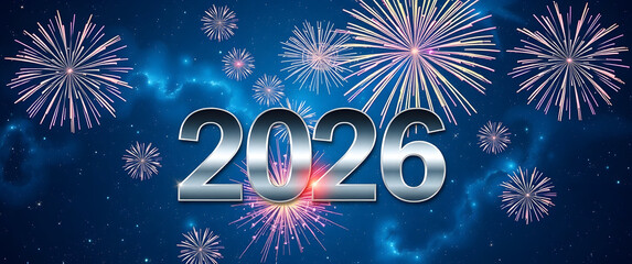 Happy New Year background image highlighting glowing silver 2026 typography surrounded by vibrant blue fireworks creating festive brilliance.
