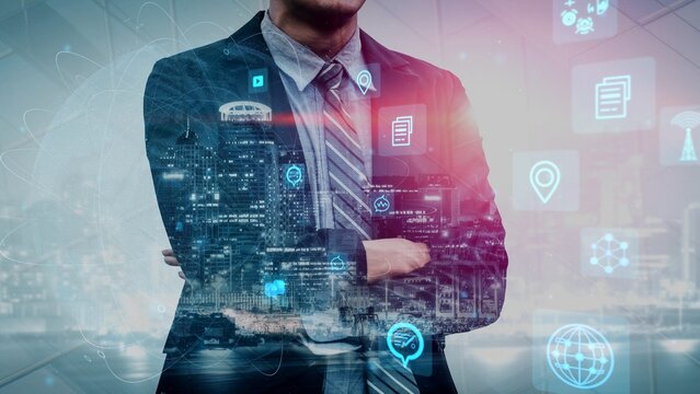 A confident businessman stands against a vibrant technology overlay, featuring various data icons and a bustling city backdrop, symbolizing innovation and progress. Xenic - Powered by Adobe