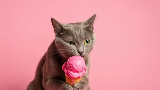 Gray Cat Enjoys Pink Ice Cream Cone on Pink Background - Sweet Treat.