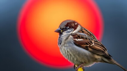 Stunning Close-Up of Sparrow Perched Against Glowing Sunset Background &ndash; Nature Photography Highlighting Bird Detail, Color Contrast, and Wildlife Beauty