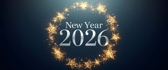 Happy New Year background image showing elegant silver 2026 typography surrounded by glowing golden star wreath against deep blue gradient.

