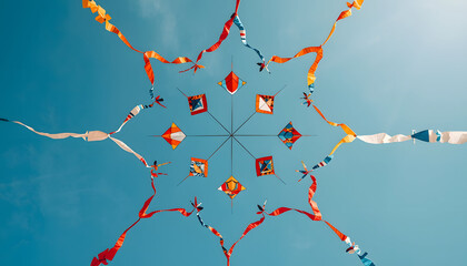 Sankranti banner image showcasing symmetrical star-shaped kite structure with colorful ribbons flowing dynamically across clear bright blue sky.
