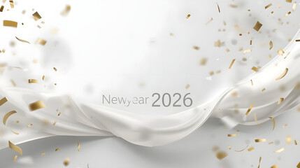 Happy New Year background image featuring smooth white fabric waves and elegant golden confetti creating festive celebratory atmosphere.
