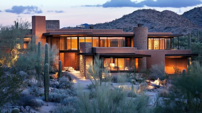 Modern desert house, rammed earth walls, corten steel details, blending seamlessly with arid landscape, dusk lighting